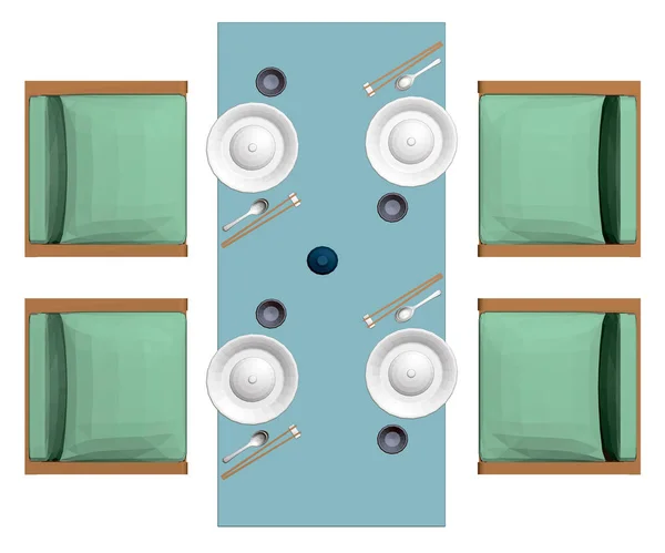 테이블에 접시, 안경, 와인 한 병. 일본 음식. 직사각 형 테이블 옆에 4 개의 안락 의자가 있다. 위에서 본 광경. 3 차원. 벡터 일러스트 — 스톡 벡터