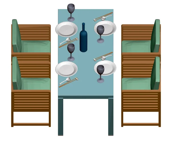 Table avec assiettes, verres et une bouteille de vin. De la nourriture japonaise. Quatre fauteuils à côté d'une table rectangulaire. Vue isométrique. 3D. Illustration vectorielle — Image vectorielle