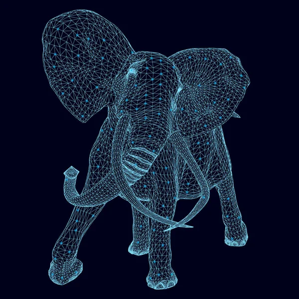 Wireframe av en elefant från blå linjer med lysande ljus på en mörk bakgrund. Polygonal elefant i rörelse. 3d. Vektorillustration — Stock vektor