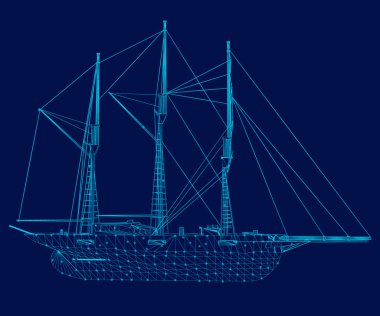 Wireframe of a sailing ship of blue lines on a dark background. Side view. Vector illustration
