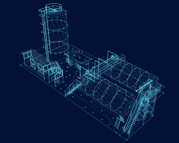 Drahtgestell eines Industriegebäudes aus blauen Linien auf dunklem Hintergrund. Ansicht isometrisch. Vektorillustration — Stockvektor