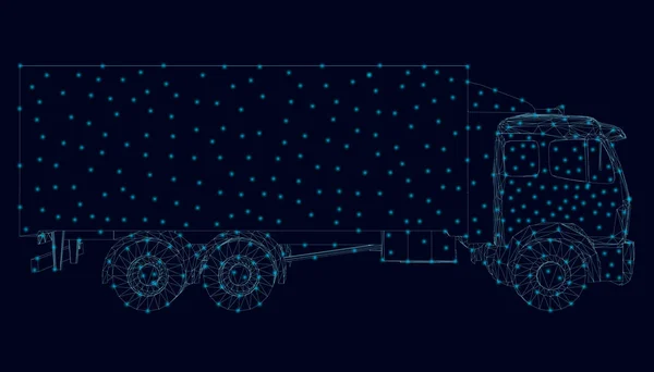 Το περίγραμμα του φορτηγού από μπλε γραμμές με φωτεινά φώτα σε σκούρο φόντο. Πλευρική άποψη. Εικονογράφηση διανύσματος — Διανυσματικό Αρχείο