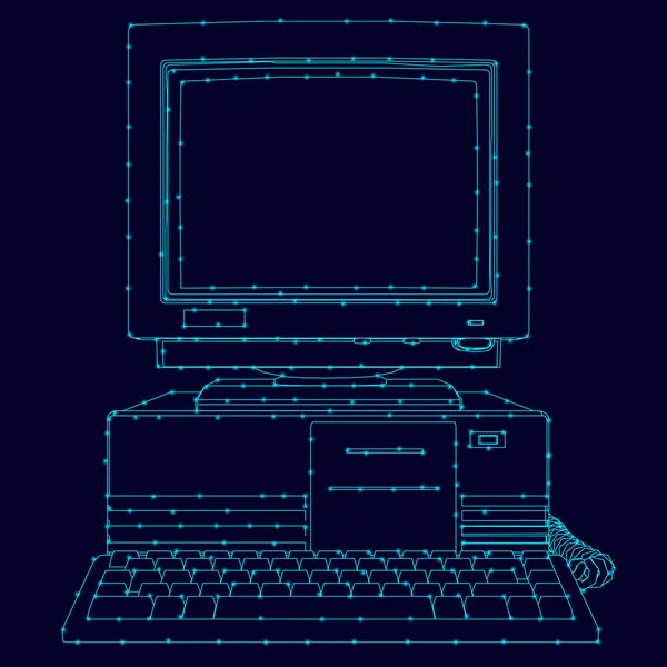 Die Kontur eines alten Computers aus blauen Linien mit leuchtenden Lichtern auf dunklem Hintergrund. Frontansicht. Vektorillustration — Stockvektor