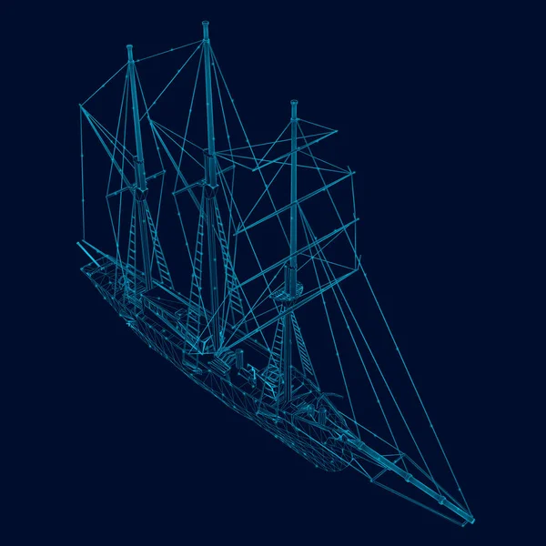 Wireframe of a sailing ship of blue lines with luminous lights on a dark background. View isometric. Vector illustration — Stock Vector