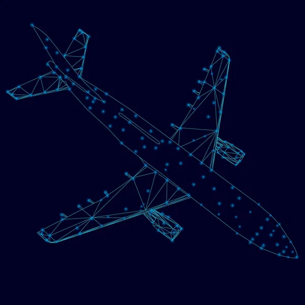 Le contour de l'avion à partir de lignes bleues avec des lumières lumineuses sur un fond sombre. Illustration vectorielle — Image vectorielle