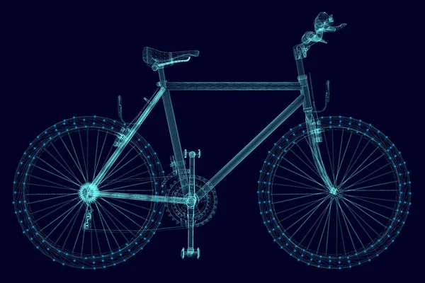 Cykel wireframe gjord av blå linjer med lysande ljus på en mörk bakgrund. Sidovy. Vektorillustration — Stock vektor