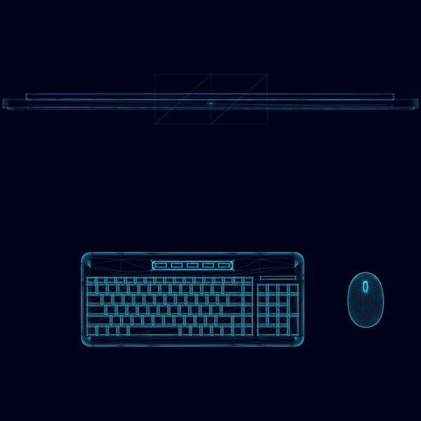 Wireframe de computador feito de linhas azuis em um fundo escuro. Monitor, teclado e mouse. Vista de cima. Ilustração vetorial — Vetor de Stock