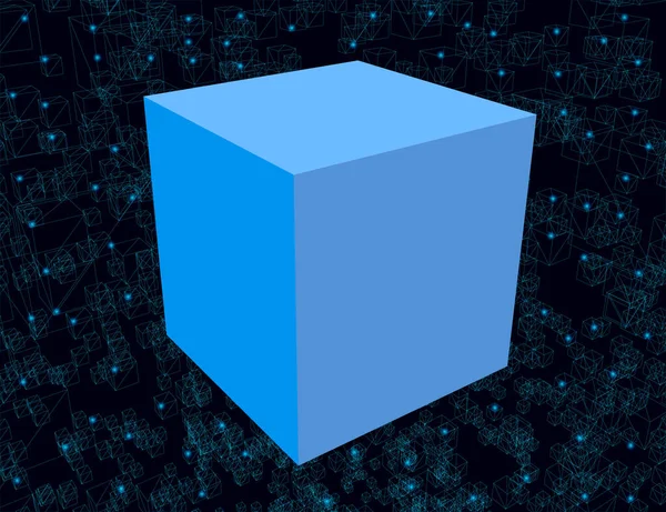 Fundo abstrato com um cubo azul e com muitos quadros cúbicos de linhas azuis com luzes luminosas sobre um fundo escuro. 3D. Ilustração vetorial — Vetor de Stock