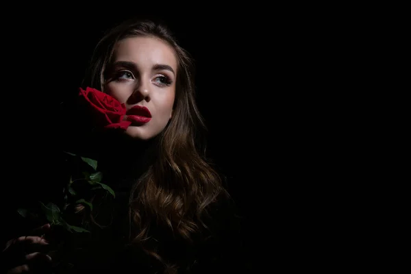 Közelkép szépség portré fiatal gyönyörű nő hosszú göndör haj és egy rózsa a kezében. Stúdió felvétel. Szöveghely. — Stock Fotó