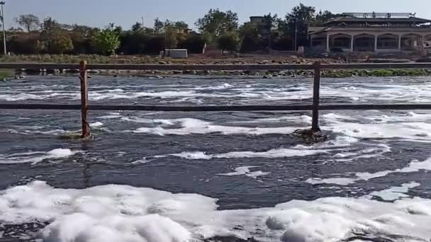 哥达瓦里河被工业废水污染了 水流着泡沫 — 图库视频影像
