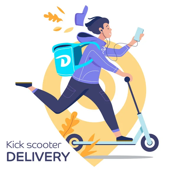 Food delivery. Young man on a kick scooter delivers to order. Fast food delivery service. Flat vector illustration