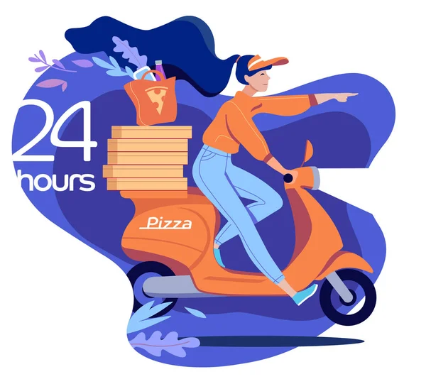 Pizza delivery. Young woman on a scooter delivers pizza to order 24 hours at night. Fast food delivery service. Flat vector illustration