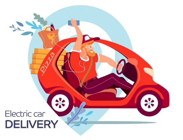Pizza delivery. Young man on a electric car delivers pizza to order. Fast food delivery service. Flat vector illustration