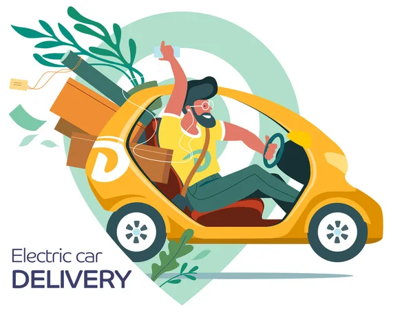 Fast car delivery. Young man on a electric car delivers to order, flat vector illustration
