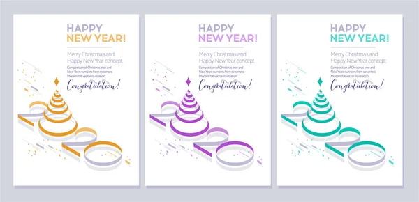 Mutlu Noeller ve mutlu yıllar 2020. Noel ağacı ve şeritten yapılmış numaralar. Minimalist şablon. Düz vektör illüstrasyonu.