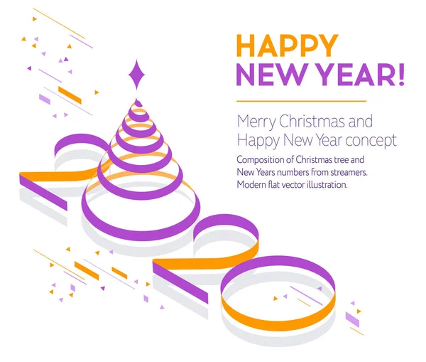 Mutlu Noeller ve mutlu yıllar 2020. Noel ağacı ve şeritten yapılmış numaralar. Minimalist şablon. Düz vektör illüstrasyonu.