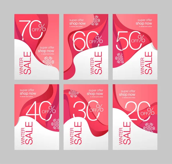 Noel indirimi için soyut modern sıvı kaplamaları ve kış indirimi afişleri. Dalga şeklindeki renkli şablon. Düz vektör resmi