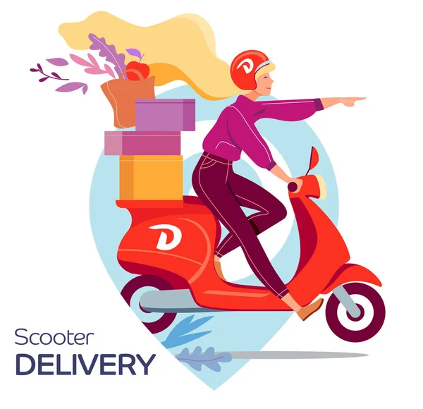 Entrega Rápida Scooter Joven Mujer Scooter Entrega Pedido Ilustración Vectorial — Archivo Imágenes Vectoriales