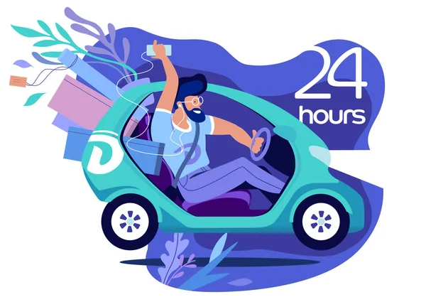 Fast Car Delivery Young Man Electric Car Delivers Order Hours — 스톡 벡터