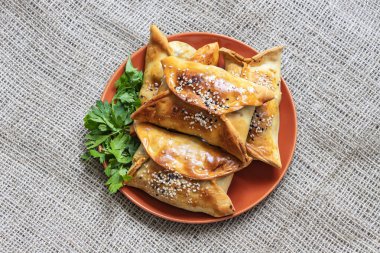 Samsa 'nın en iyi manzarası. Geleneksel maydanoz yapraklı et köfteleri.