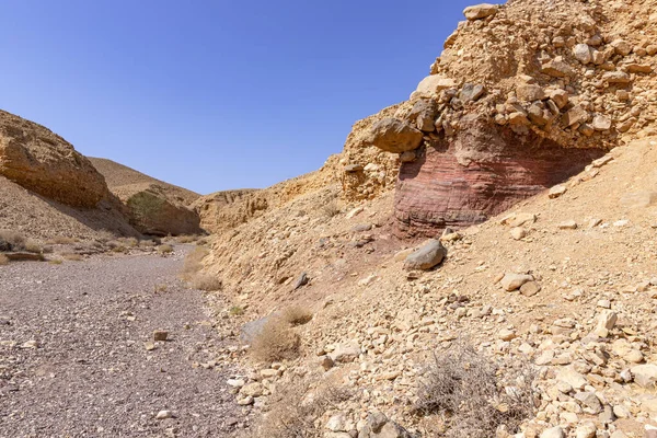 Vista de las coloridas montañas y el valle del Cañón Rojo de Eilat contra el cielo azul — Foto de Stock