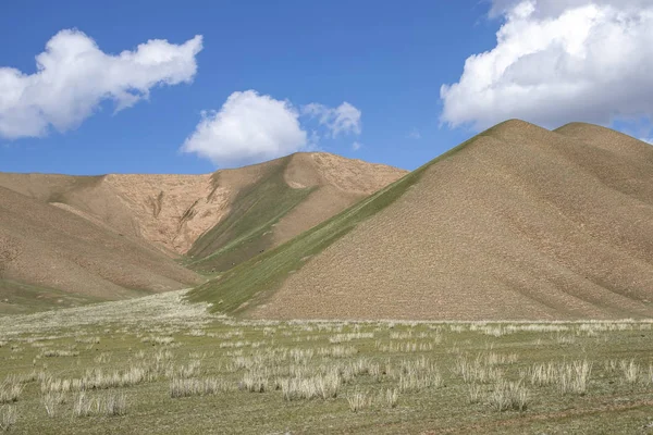 Gröna kullar och betesmarker mot den blå himlen med moln. Resa. Kirgizistan — Stockfoto