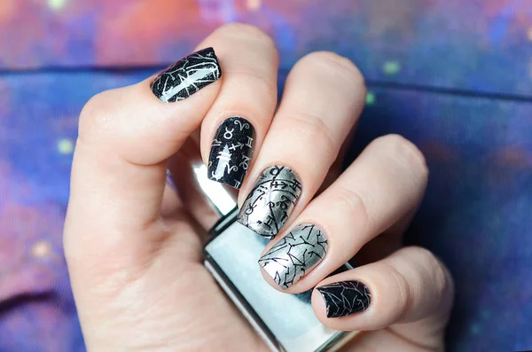Silver and black manicure with space design — Stock Photo, Image