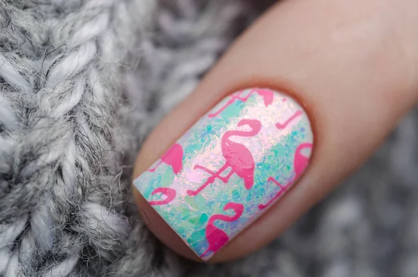 Różowy manicure z różowym wzorem flaminga z szarym swetrem — Zdjęcie stockowe