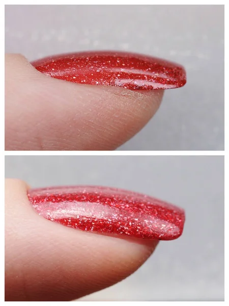 Macro nail with red manicure and clean cuticle before and after — ストック写真