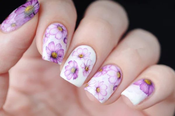 Biały manicure z fioletowym kwiatowym nadrukiem na czarnym tle — Zdjęcie stockowe