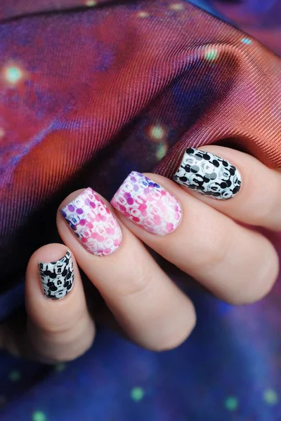 Manicure with a pattern Mickey Mouse black white on the background of space 로열티 프리 스톡 이미지