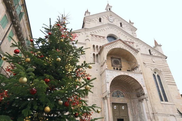 Duomo Verona Decorato Con Albero Natale — Foto Stock