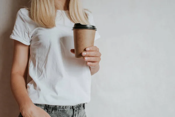 Woman Holding Hand Paper Cup Coffee Tea Drink Coffee Time — Stock Photo, Image