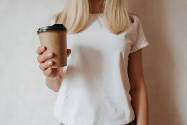 Woman Holding Hand Paper Cup Coffee Tea Drink Coffee Time — Stock Photo, Image