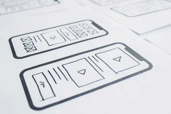 UX mobile application wireframe. Sketch, prototype, framework, layout future app design project. UI/UX - user interface and user experience designer. Creative concept for smartphone. App development