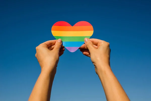 Woman Holds Hands Heart Colors Rainbow Young Beautiful Girl Lgbt — Stock Photo, Image