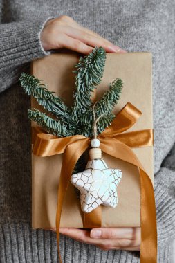 Kadın elinde bir Noel hediyesi tutuyor. Mutlu tatiller, hediye kutusu yakın çekimi. Boks günü, Noel ve yeni yıl partisi için sürpriz. Sihir zamanı. Kış kutlamaları. Paket kağıdı, oyuncaklar ve kurdele