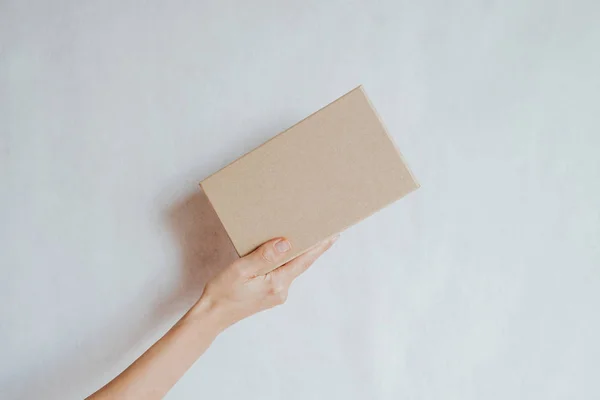 Woman Holding Hand Small Paper Box Young Girl New Package — ストック写真