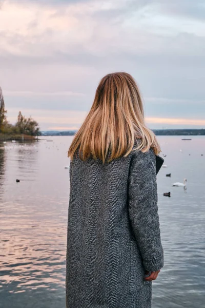 Krásné Blond Vlasy Žena Vychutnat Panorama Bodensee Jezera Krajina Švýcarsku — Stock fotografie