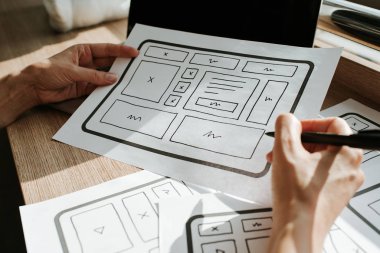 Ux web sitesi tasarım kablosu. Taslak, prototip, çerçeve, gelecek tasarım projesi. Ui / Ux - kullanıcı arayüzü, kullanıcı deneyimi tasarımcısı. Web tasarım stüdyosu için yaratıcı bir konsept. Web sitesi geliştirme
