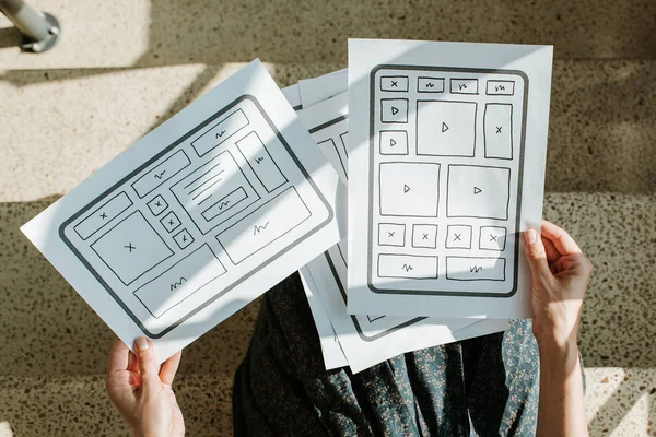 UX website design wireframe. Sketch, prototype, framework, layout future design project. UI/UX - user interface, user experience designer. Creative concept for web design studio. Website development