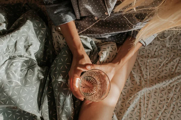 Woman Bed Holding Glass Water Hand Happy Morning Girl Pajamas — Stock Photo, Image