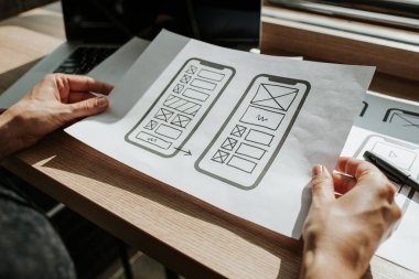 Ux mobil uygulama kablosu. Taslak, prototip, çerçeve, gelecekteki uygulama tasarım projesi. Ui / Ux - kullanıcı arayüzü ve kullanıcı deneyimi tasarımcısı. Akıllı telefon için yaratıcı bir kavram. Uygulama geliştirme