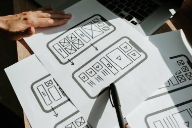 Ux mobil uygulama kablosu. Taslak, prototip, çerçeve, gelecekteki uygulama tasarım projesi. Ui / Ux - kullanıcı arayüzü ve kullanıcı deneyimi tasarımcısı. Akıllı telefon için yaratıcı bir kavram. Uygulama geliştirme
