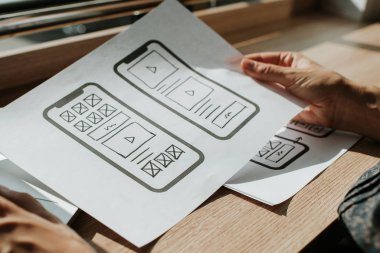 Ux mobil uygulama kablosu. Taslak, prototip, çerçeve, gelecekteki uygulama tasarım projesi. Ui / Ux - kullanıcı arayüzü ve kullanıcı deneyimi tasarımcısı. Akıllı telefon için yaratıcı bir kavram. Uygulama geliştirme