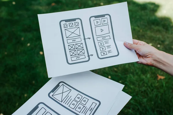 Mobile Εφαρμογή Wireframe Σκίτσο Πρωτότυπο Πλαίσιο Διάταξη Μελλοντικό Έργο Σχεδιασμού — Φωτογραφία Αρχείου