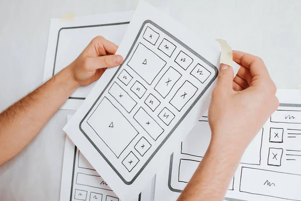 UX website design wireframe. Sketch, prototype, framework, layout future design project. UI/UX - user interface, user experience designer. Creative concept for web design studio. Website development