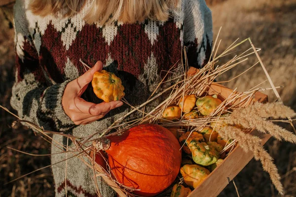 Frau Hält Holzkiste Mit Kürbis Und Kürbis Blondes Haar Mädchen — Stockfoto