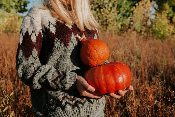 Happy blond hair women holding in hand pumpkin. Young beautiful girl in harvest. Season organic food. Autumn season. Fall color, orange and yellow. Pumpkin day and Halloween. Female in outdoor nature