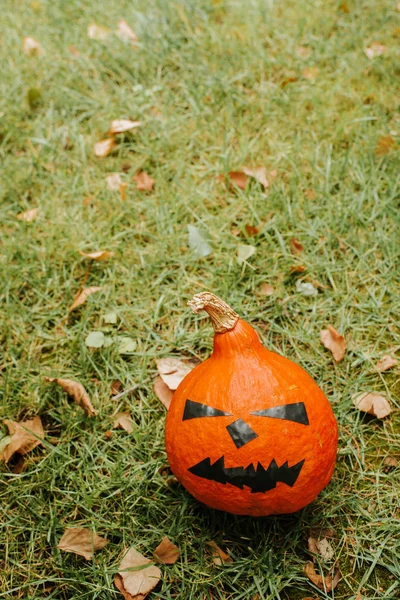 Zucca Halloween Zucca Faccia Spaventosa All Aperto Felice Festa Halloween — Foto Stock